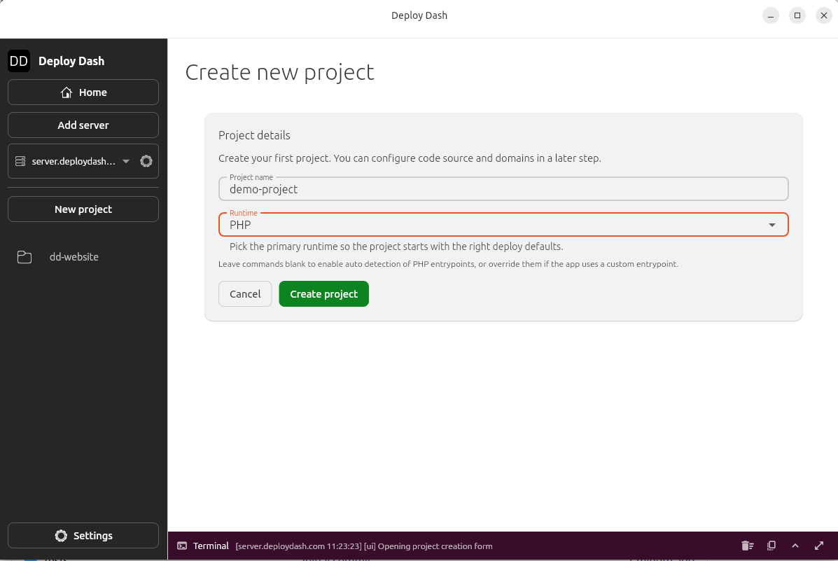 Create project screen with PHP selected as the runtime.