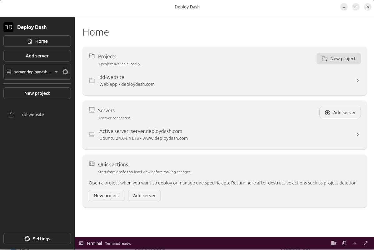 Deploy Dash home screen with projects and servers.