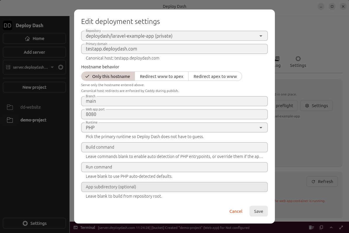 Deployment settings modal showing the Laravel repository, branch, runtime, domain, and port.
