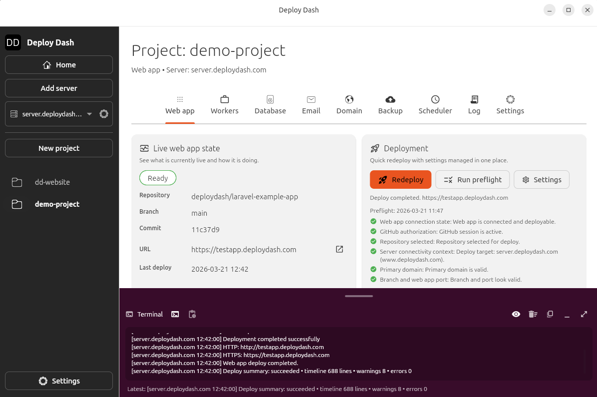 Successful deployment state in Deploy Dash showing the live Laravel URL and ready status.