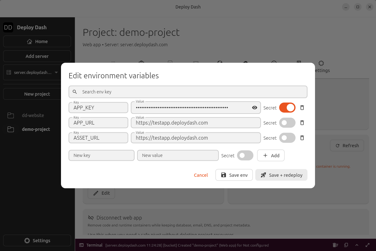 Environment variable editor showing APP_KEY, APP_URL, and ASSET_URL.