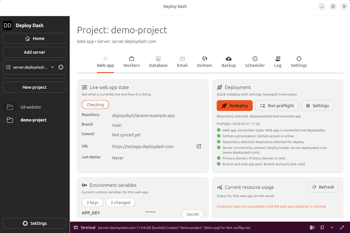 Ready-to-deploy state in Deploy Dash after the repository and environment variables are configured.