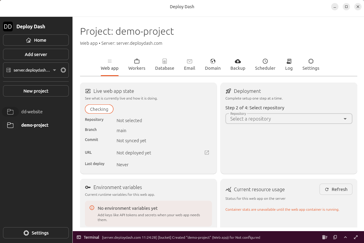Repository selection inside the Deploy Dash web app flow.