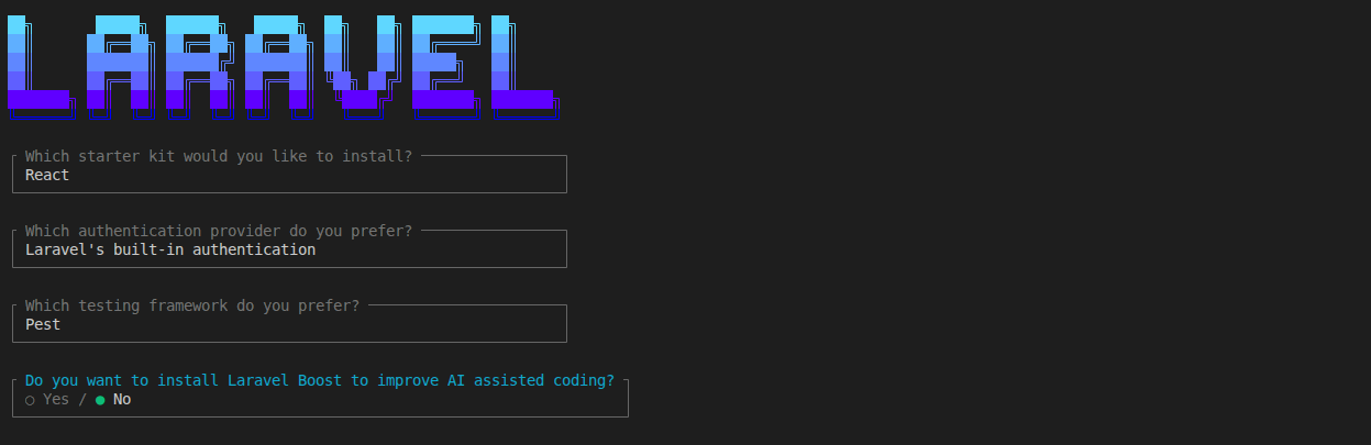 Laravel installer terminal showing the starter kit, authentication, and testing selections.